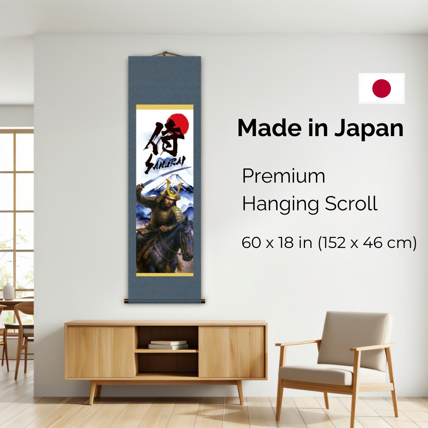 Pergamino de Pared Kakemono Samurai Japonés – Samurai Montado con Espada y Monte Fuji 