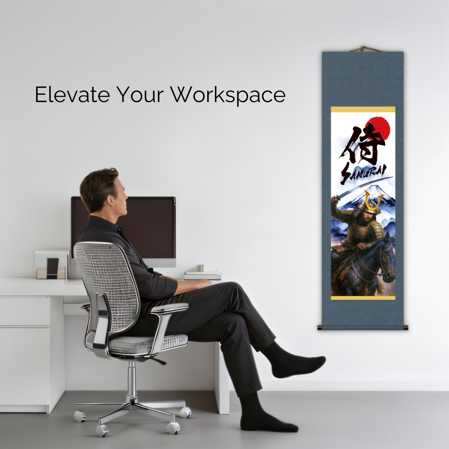 Pergamino de Pared Kakemono Samurai Japonés – Samurai Montado con Espada y Monte Fuji 