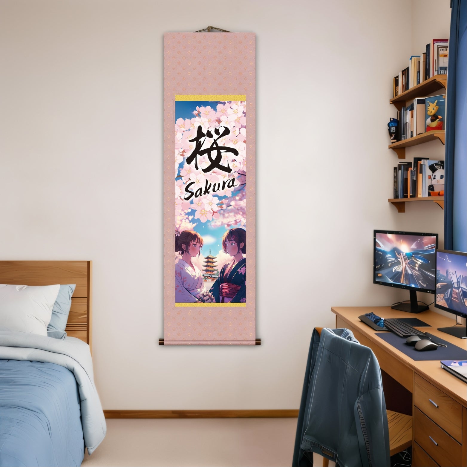 Japanese Anime Sakura Kakemono Wall Scroll – Kimono Women with Pagoda