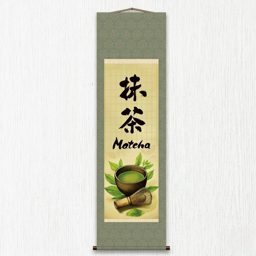 Pergamino japonés Kakemono de Matcha – Batidor de Matcha y ceremonia del té 