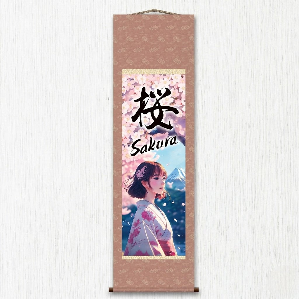 Póster de pared de pergamino japonés de anime Sakura – Mujer con kimono y el Monte Fuji 