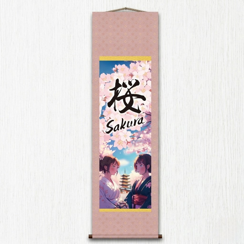 Anime japonés Sakura Kakemono Póster de pared – Mujeres con kimono y pagoda 