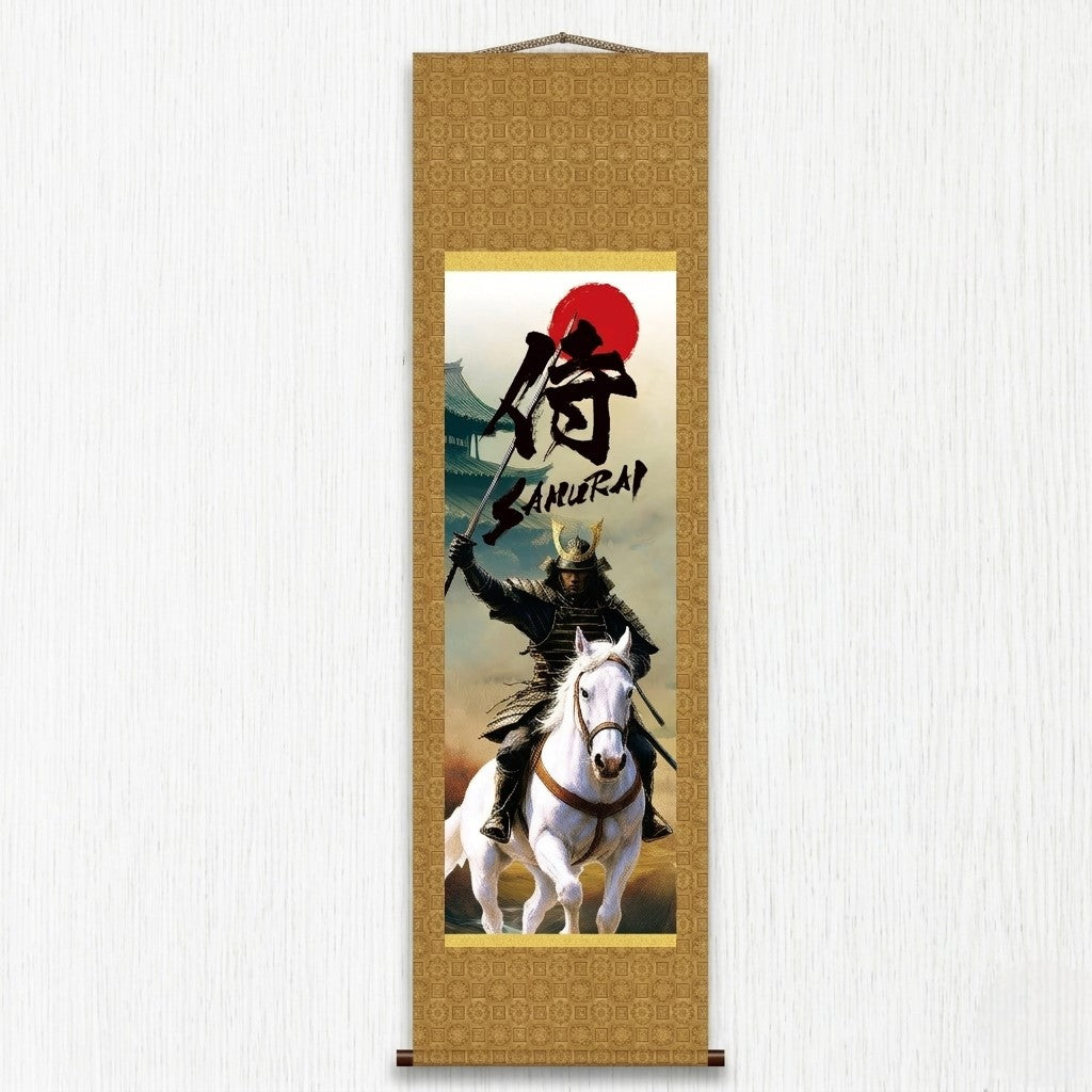 Pergamino de pared Kakemono de samurái japonés – Samurái montado con espada en caballo blanco 